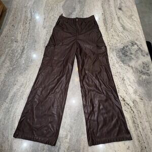 Anewsta Women's Medium 28x27 Wide Leg High Waist Brown Faux Leather Cargo Pants